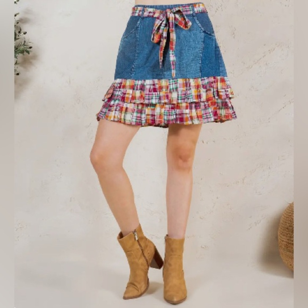 NWT Young Threads Denim and Plaid Ruffle Skirt With Pockets Size Small